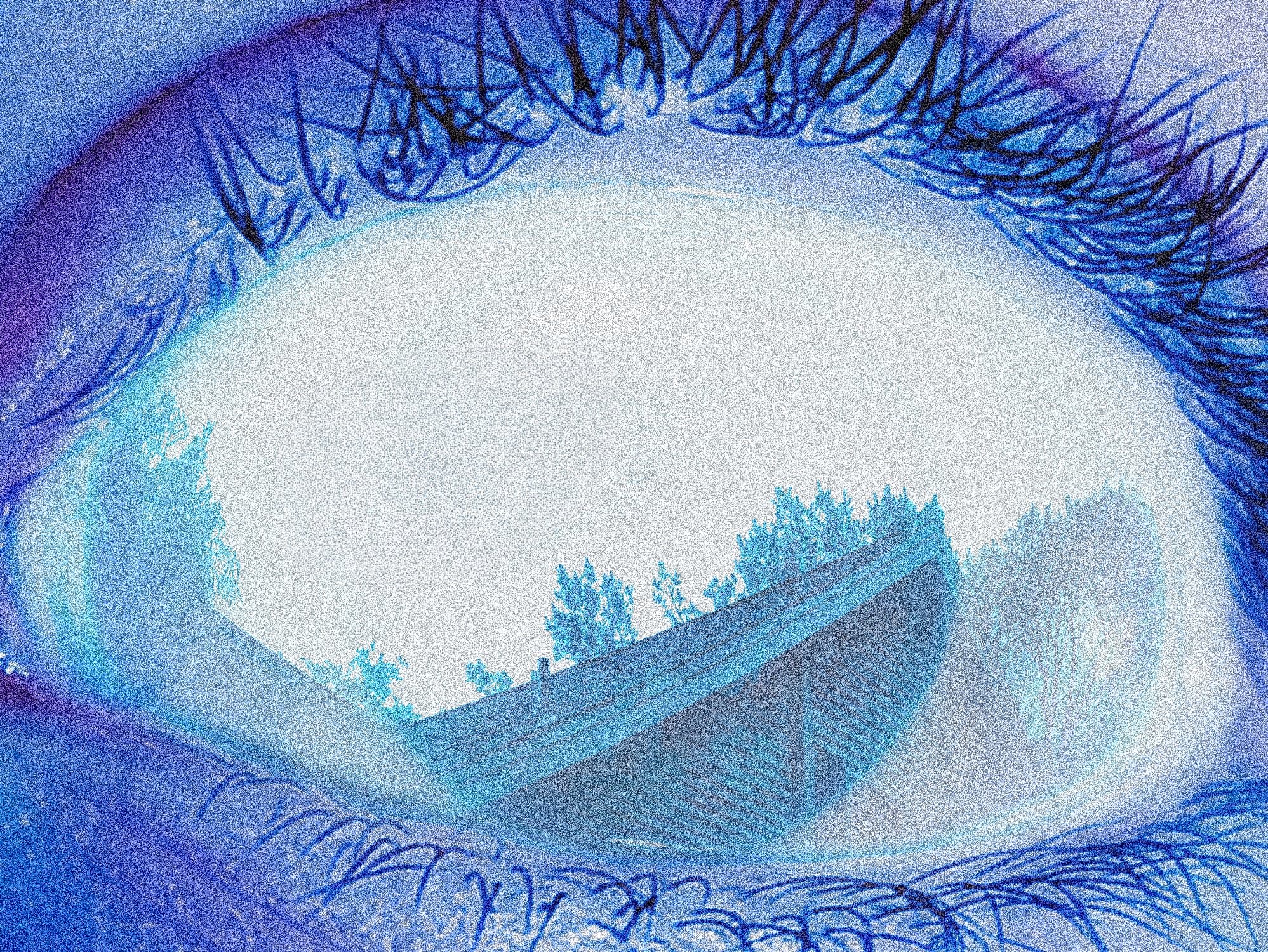 Extreme macro of a human eye rendered in electric blue, lashes and iris filling the frame — human-made reference photo on Slow Sync
